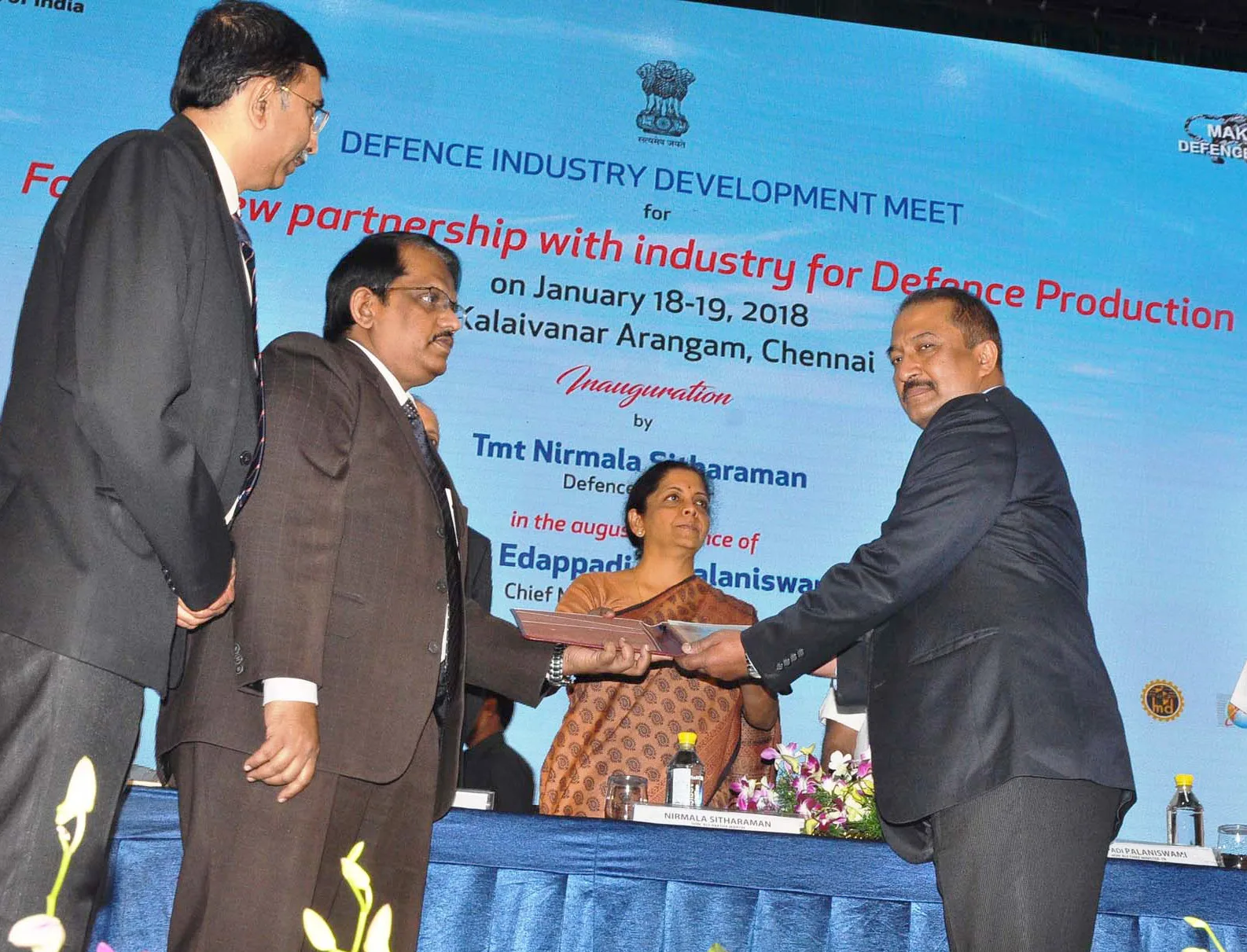 Nirmala Sitharaman handing over three Transfer of Technology agreements of DRDO to Industry – one each for the Army, Navy and the Air Force
