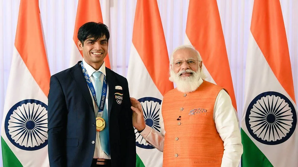 Prime minister of India, Narendra Modi with Olympic champion Neeraj Chopra