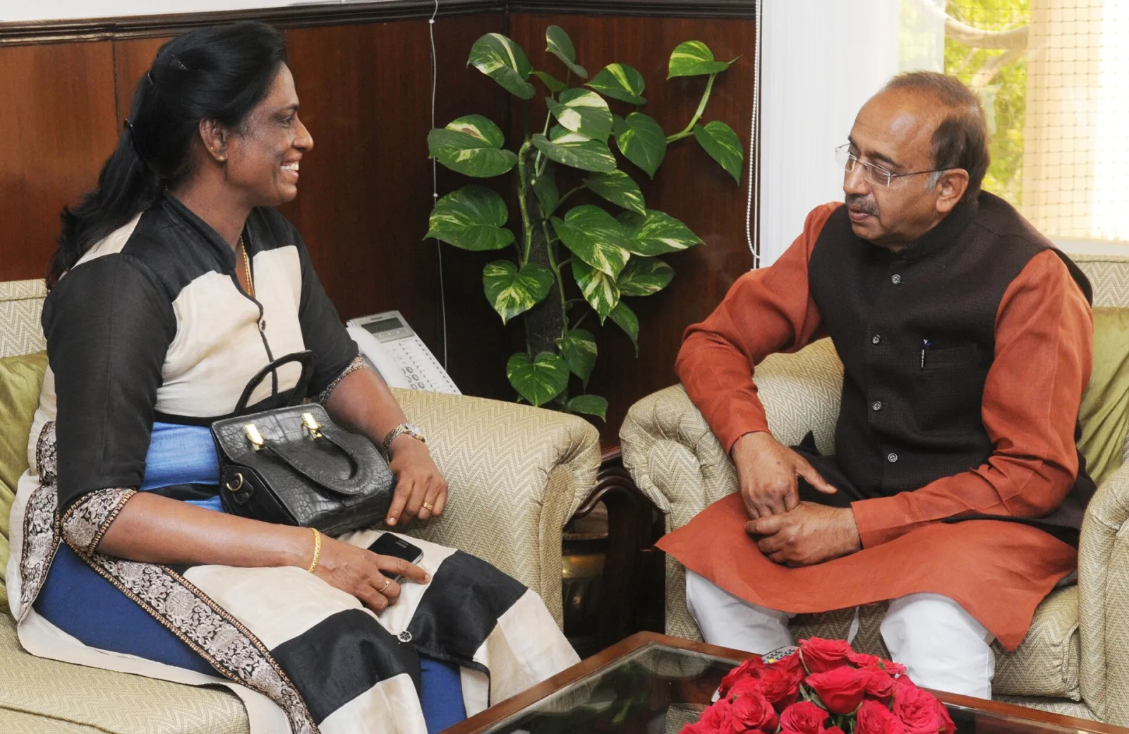 The renowned athlete, Ms. P.T. Usha meeting the Minister of State for Youth Affairs and Sports (IC), Water Resources, River Development and Ganga Rejuvenation, Shri Vijay Goel, in New Delhi on March 2