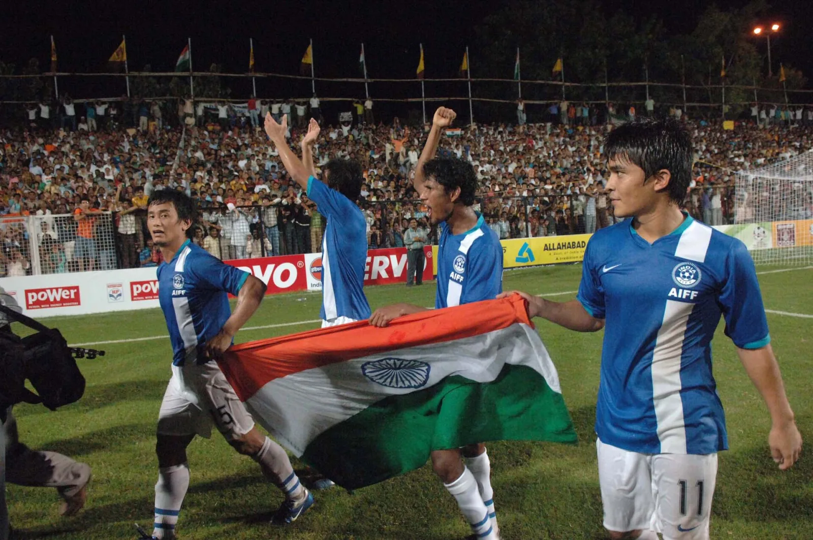 The captain of Indian Football team, Shri Bhaichung Bhutia celebrating alongwith other players after winning the final of Nehru Football Cup between India and Syria, in New Delhi on August 29, 2007