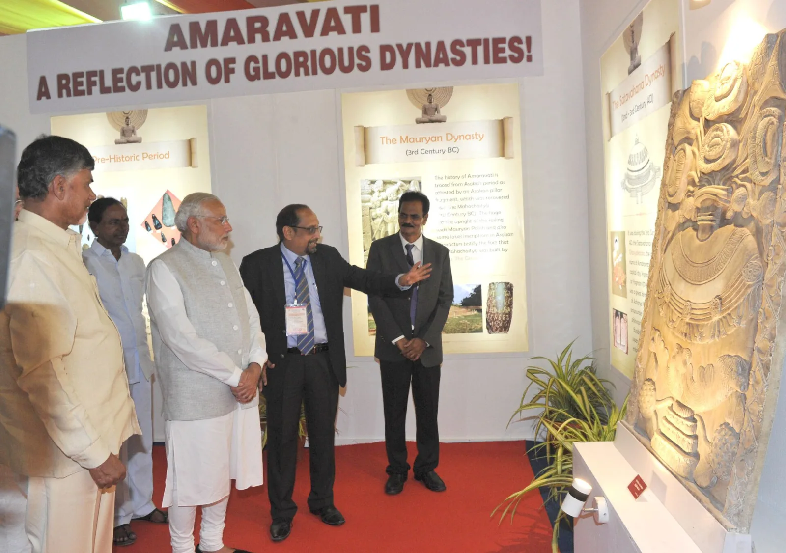 Narendra Modi visiting the exhibition on 'Amaravathi'- the new Capital city of Andhra Pradesh. The Chief Minister of Andhra Pradesh, Shri N. Chandrababu Naidu and the Chief Minister of Telangana