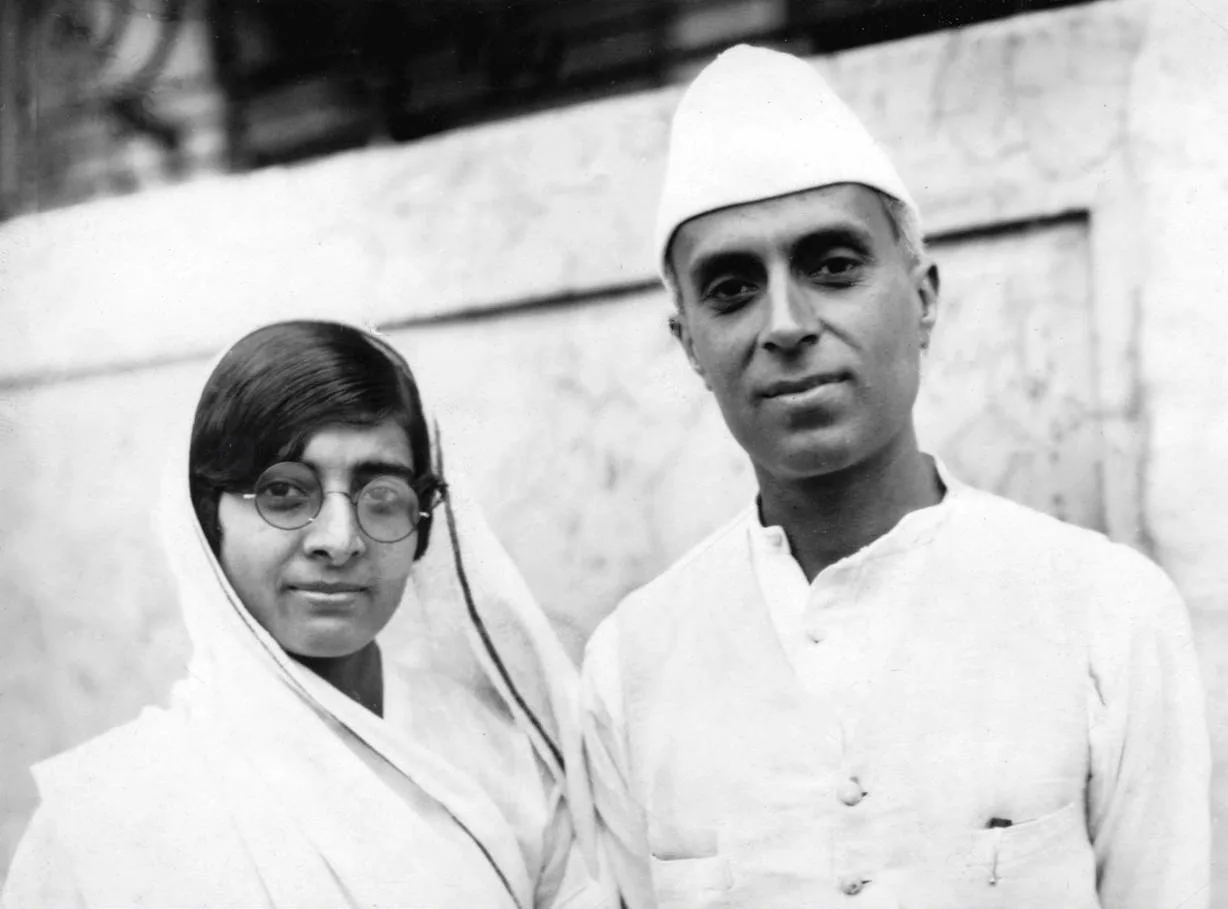 Indian statesman Jawaharlal Nehru (1869 - 1964), known as Pandit Nehru, and his wife Kamala